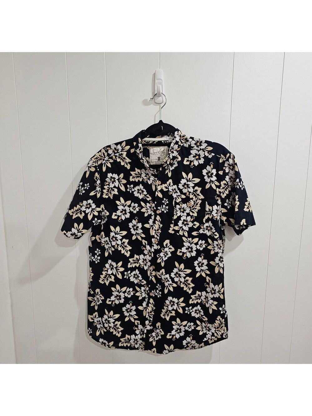Mens Floral Short Sleeve Button Down Shirt Black White Sz L Summer, Vacation,